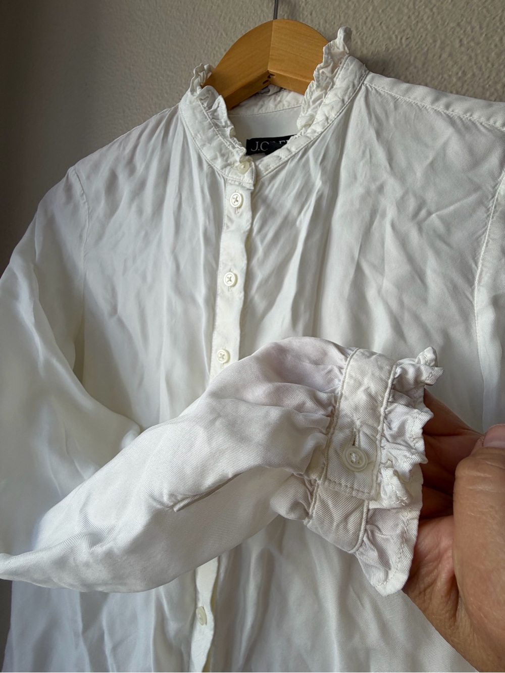 J. Crew White Ruffle-Trim Button Front Blouse Size S Victorian Romantic Office
